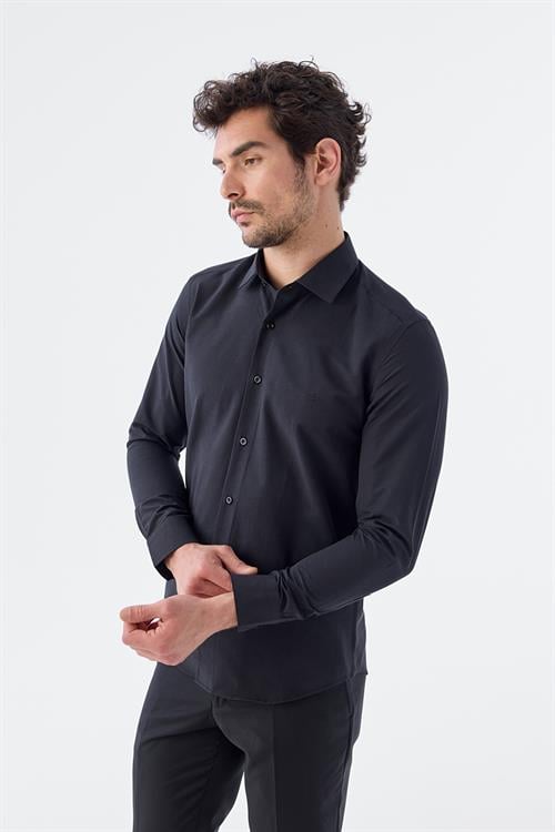 Siyah Slim Fit İtalyan Yaka Uzun Kol Klasik Kravatlık Pamuklu Gömlek