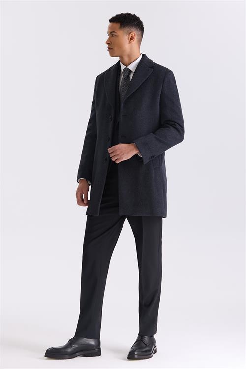 Antrasit Regular Fit Mono Yaka Yünlü Kaşe Kaban