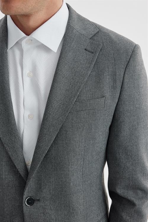 Gri Slim Fit Ekose Kareli Çift Yırtmaçlı Ceket