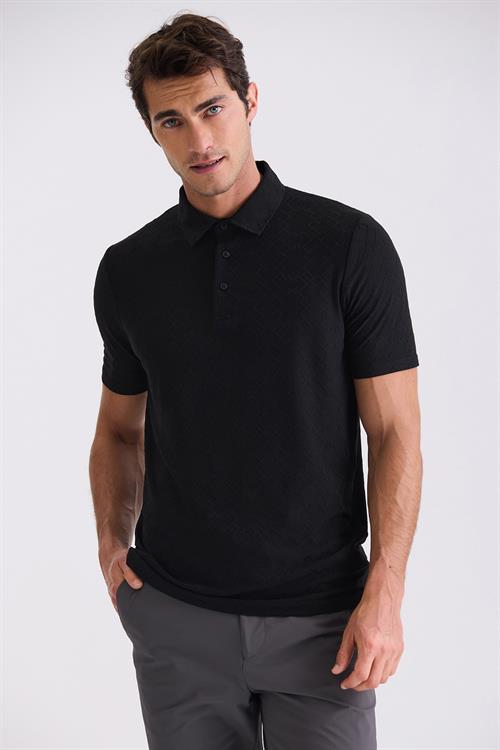 Siyah Slim Fit Desenli Polo Yaka T-shirt
