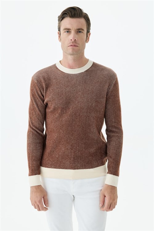 Kahve Comfort Fit Desenli Bisiklet Yaka Triko