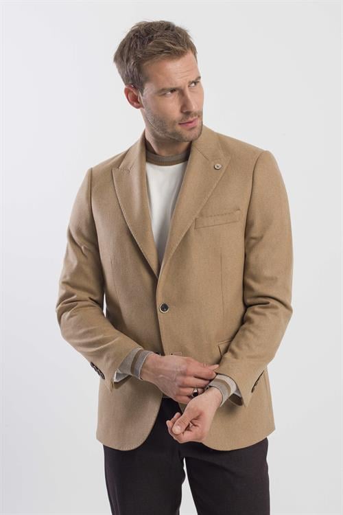 Taba Klasik Kalıp Yünlü Mono Yaka Ceket