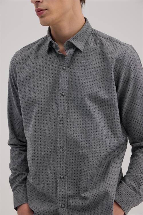 Antrasit Comfort Fit Desenli Pamuklu Düğmeli Yaka Gömlek