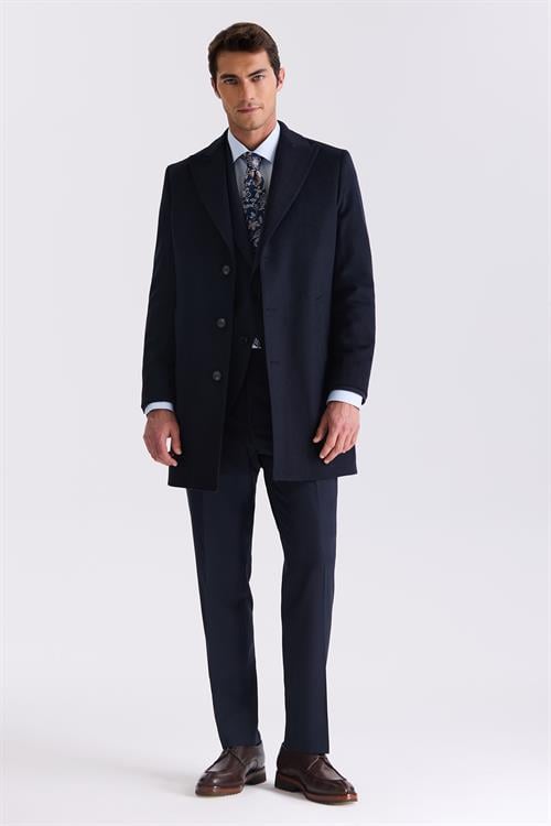 Koyu Lacivert Comfort Fit Sivri Yaka Balık Sırtı Desenli Yünlü Kaşe Kaban