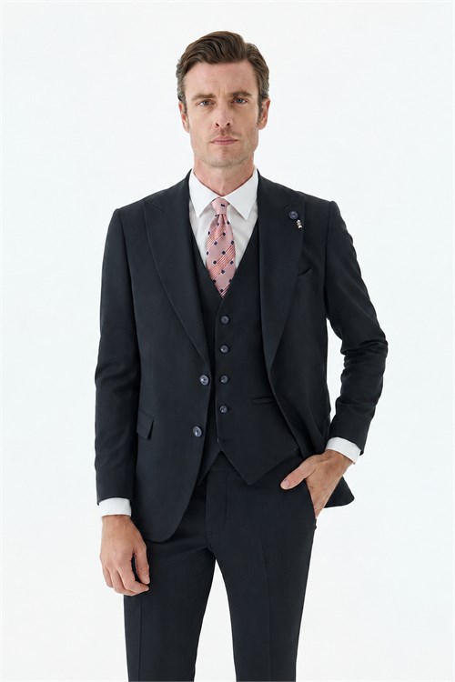 Lacivert Slim Fit Krlangıç Yaka Yelekli Çizgili Takım Elbise