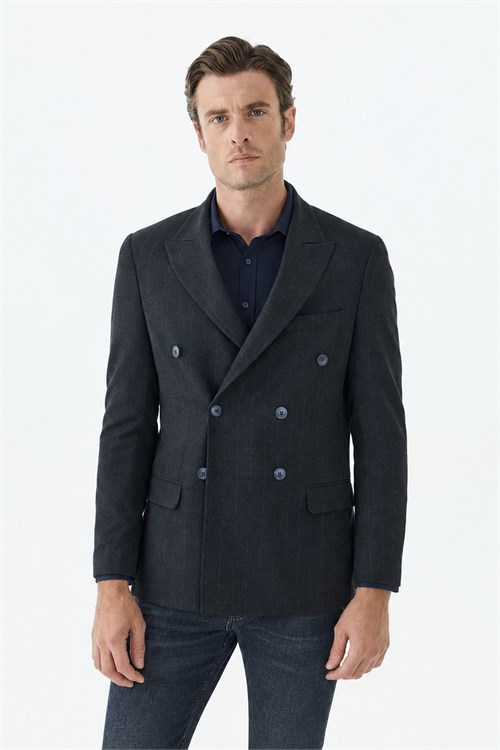 Lacivert Slim Fit Dik Yaka Kruvaze Ceket