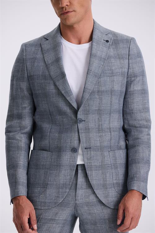 Lacivert Slim Fit Mono Yaka Kareli Torba Cepli %100 Keten Takım Elbise