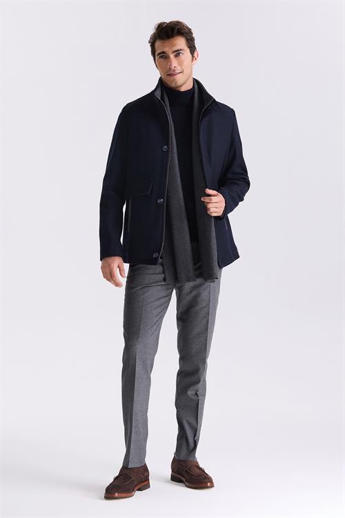 Lacivert Regular Fit Hakim Yaka Yünlü Spor Kaban