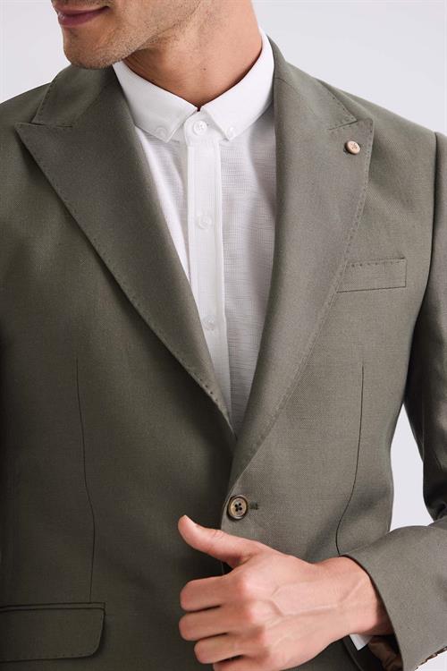Yeşil Slim Fit Sivri Yaka Keten Spor Ceket