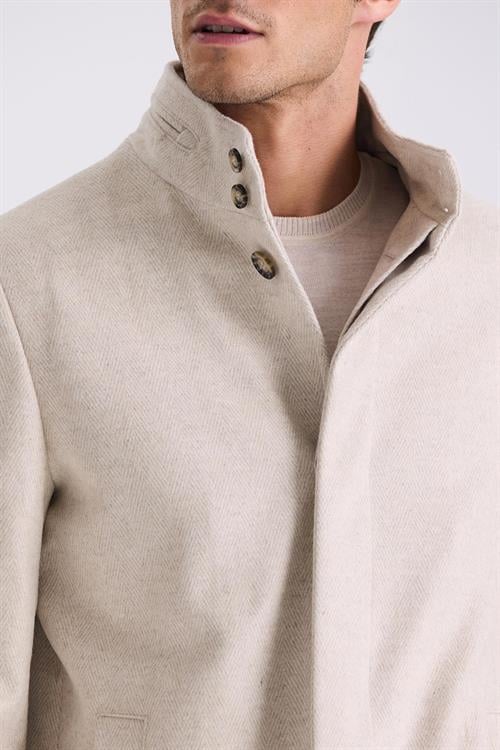 Bej Slim Fit Dik Yaka Balık Sırtı Desenli Yünlü Spor Kaban