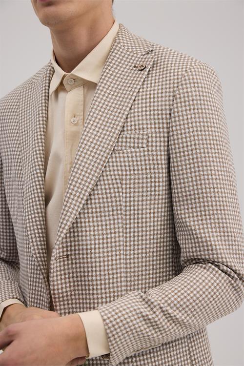 Kahve Slim Fit Sivri Yaka Keten Spor Ceket