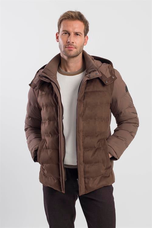 Kahve Comfort Fit Kapüşonlu Şişme Mont