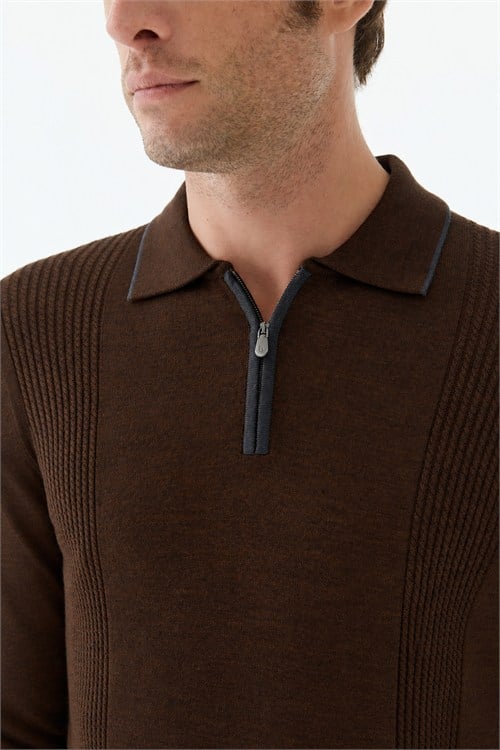 Kahve Comfort Fit Merinos Yünlü Fermuarlı Polo Yaka Triko