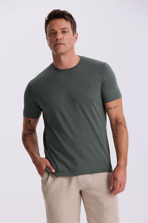 Haki %100 Pamuk Slim Fit Bisiklet Yaka Basic T-Shirt
