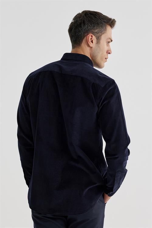 Lacivert Comfort Fit Düğmeli Yaka %100 Pamuklu Kadife Gömlek