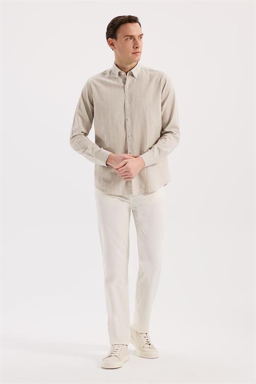 Bej Comfort Fit  Düğmeli Yaka Pamuklu Gömlek