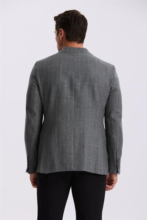 Gri Slim Fit Kırlangıç Yaka Çizgili Keten Pamuk Mevsimlik Ceket