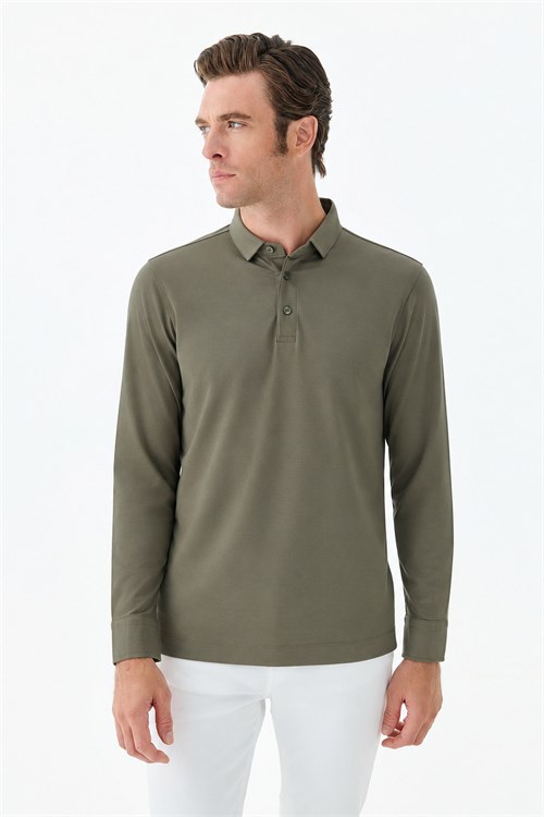 Haki Slim Fit Polo Yaka Sweatshirt