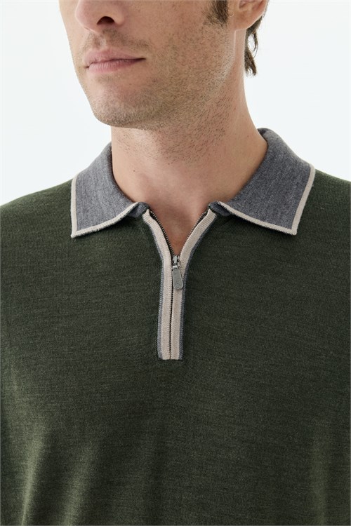 Yeşil Slim Fit Polo Yaka Fermuarlı Triko Kazak