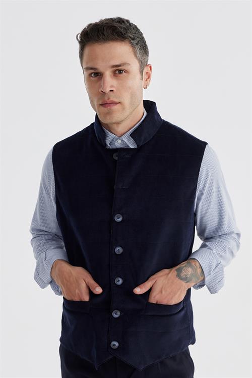 Lacivert Hakim Yaka Çift Taraflı Slim Fit Yelek