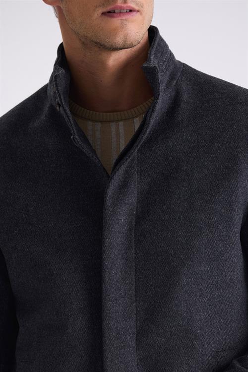 Füme Slim Fit Dik Yaka Balık Sırtı Desenli Yünlü Spor Kaban