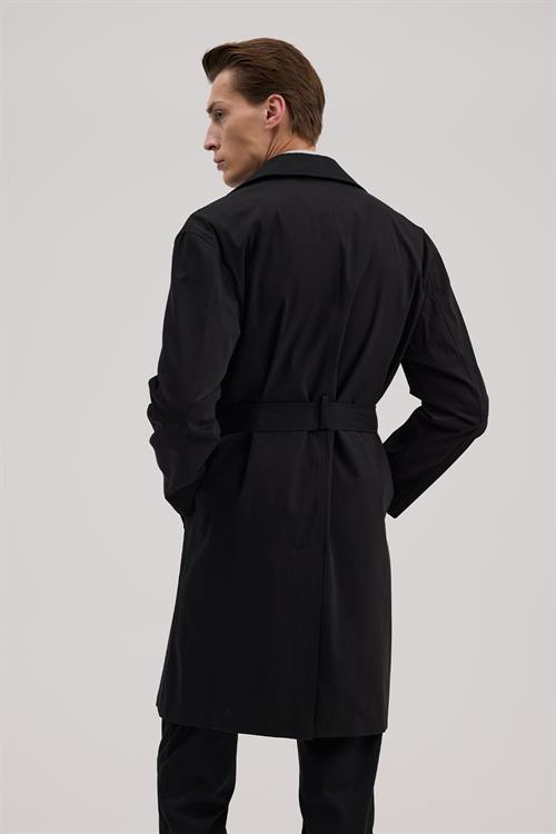 Siyah Comfort Fit Kruvaze Uzun Kemerli Trençkot