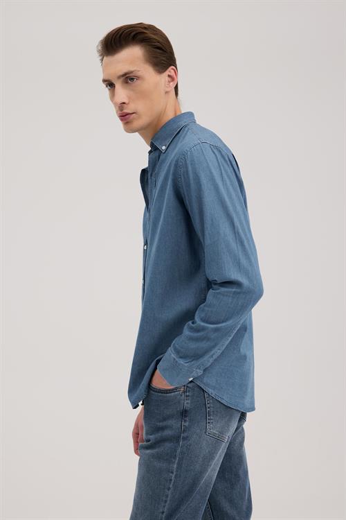 Lacivert Comfort Fit %100 Pamuk Denim Gömlek