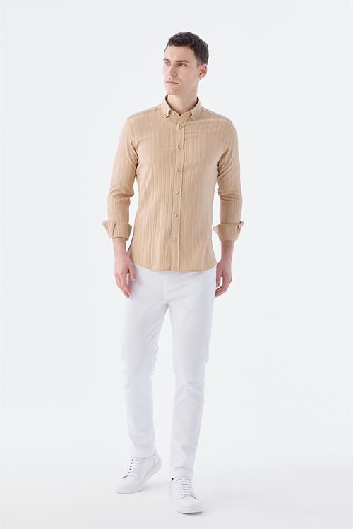Dar Kalıp - Slim Fit Serili Gömlek-Jakamen  Yaka Alttan Düğmeli  Serili