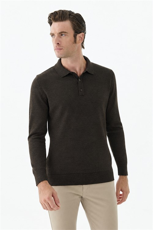 Kahve Comfort Fit Polo Yaka Yünlü Triko