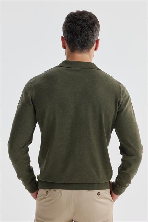 Haki Slim Fit Yün Kaşmir Karışımlı Desenli Polo Yaka Triko