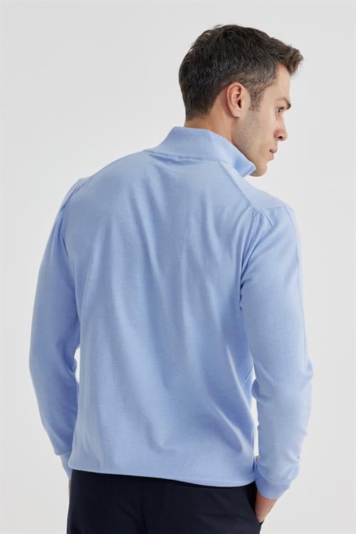 Mavi Slim Fit Fermuarlı Dik Yaka Triko Kazak