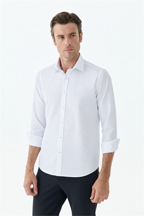 Beyaz Comfort Fit İtalyan Yaka Desenli Gömlek