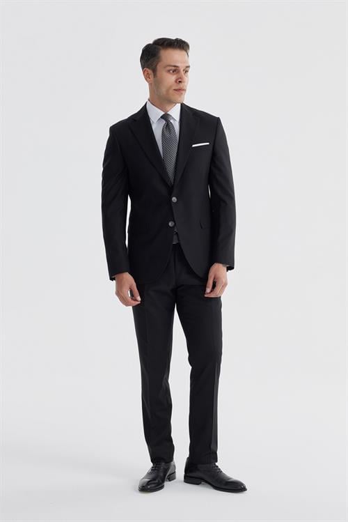 Siyah Slim Fit Mono Yaka Çift Yırtmaç Düz Takım Elbise