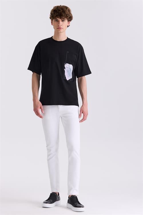 Siyah Over Size Yazı Baskılı Bisiklet Yaka T-Shirt