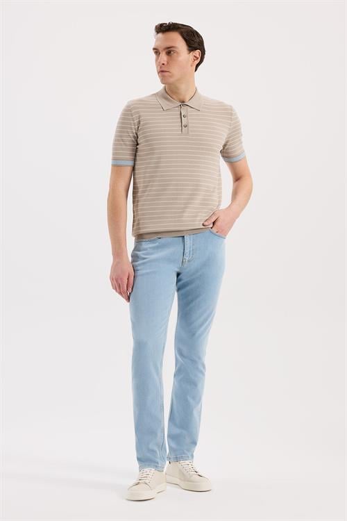 Bej Dar Kalıp - Slim Fit T-Shirt Polo Düğmeli