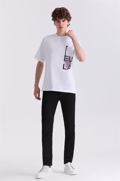 Beyaz Over Size Yazı Baskılı Bisiklet Yaka T-Shirt