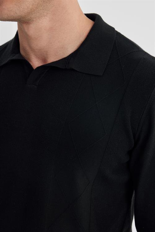 Siyah Slim Fit Yün Kaşmir Karışımlı Desenli Polo Yaka Triko