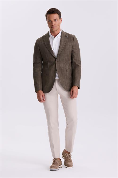 Kahve Slim Fit Kırlangıç Yaka Çizgili Keten Pamuk Mevsimlik Ceket