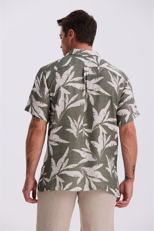 Yeşil Klasik Fit Apaş Yaka Desenli Rahat Kalıp Keten Karışımlı Kısa Kollu Gömlek 