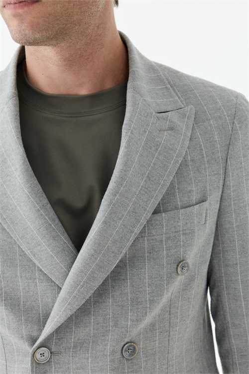 Gri Slim Fit Dik Yaka Kruvaze Ceket