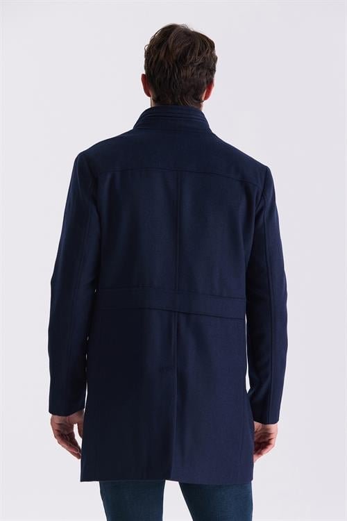 Lacivert Slim Fit Dik Yaka Balık Sırtı Desenli Yünlü Spor Kaban