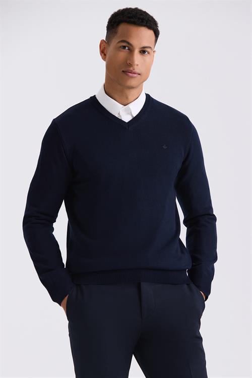 Lacivert Slim Fit V Yaka Triko Kazak