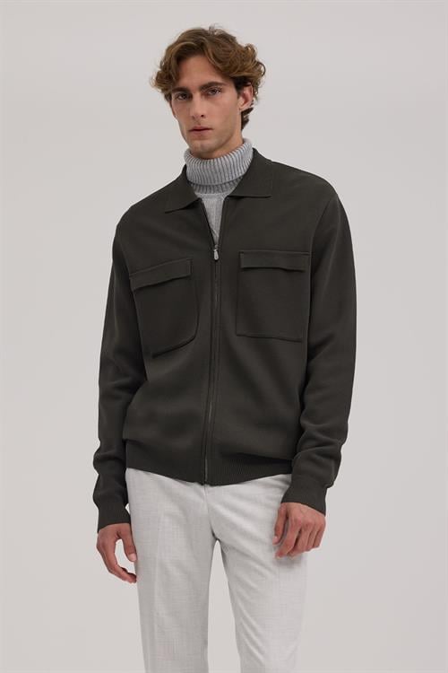 Haki Dar Kalıp - Slim Fit Triko Ceket