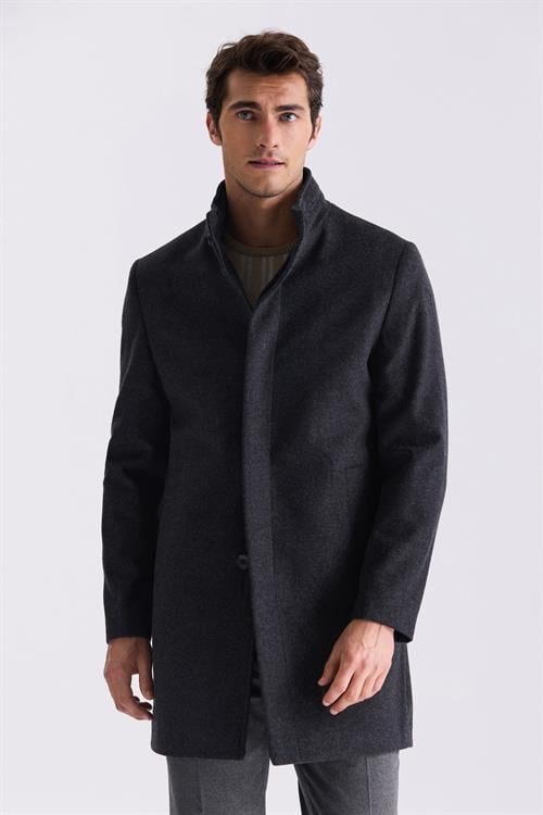 Füme Slim Fit Dik Yaka Balık Sırtı Desenli Yünlü Spor Kaban