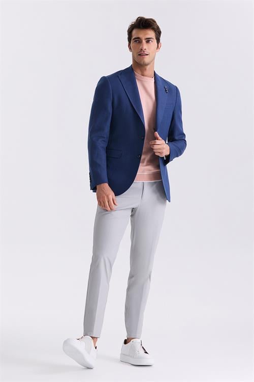 Lacivert Slim Fit Sivri Yaka Keten Spor Ceket