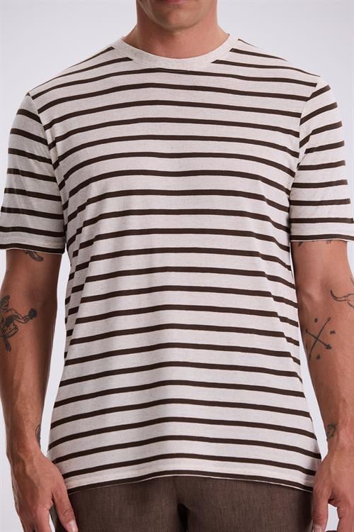 Bej Çizgili Slim Fit Bisiklet Yaka T-Shirt