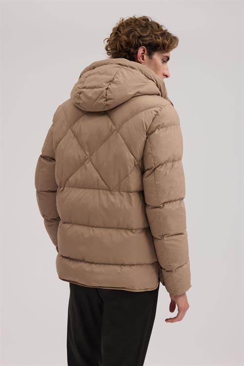 Bej Rahat Kalıp - Comfort Fit Mont Kapüşonlu