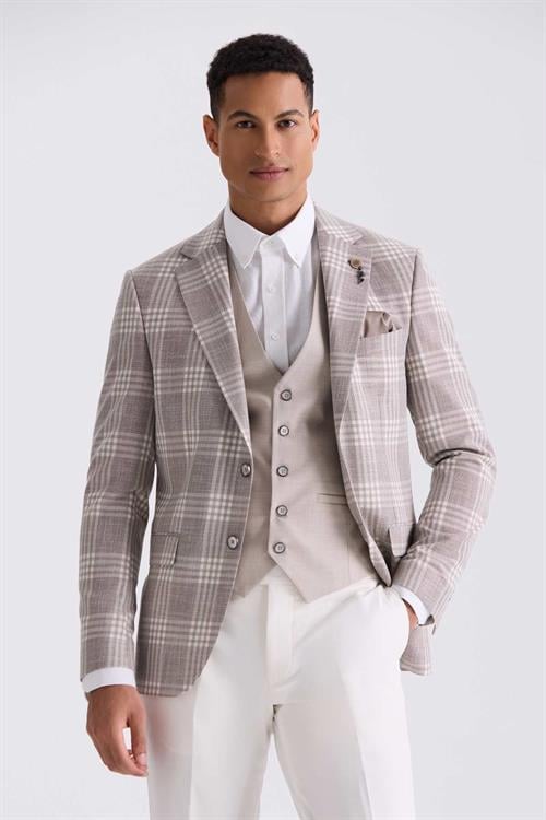 Kahve Slim Fit  Mono Yaka Kareli Kombinli Yelekli Takım Elbise