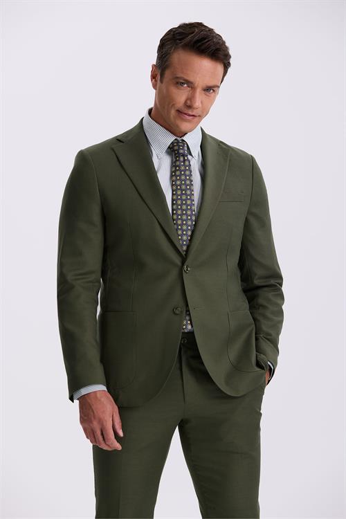 Haki Slim Fit Mono Yaka Tensel Kumaş Çift Yırtmaç Torba Cepli Takım Elbise