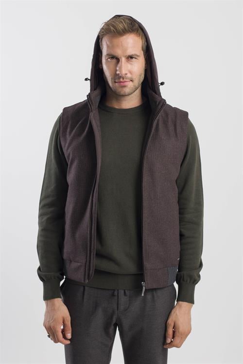 Kahve Comfort Fit Desenli Çıkarılabilir Kapüşonlu Yelek